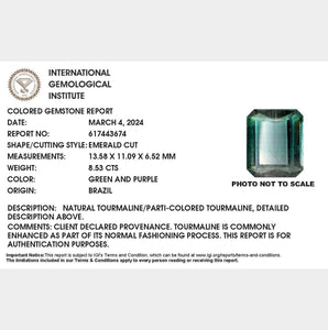 8.53ct Green and Purple Emerald Cut Purple Brazil Tourmaline, IGI Certified