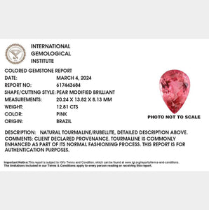 12.81ct Pink Pear Shape  Brazil Tourmaline, IGI Certified