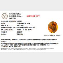 Load image into Gallery viewer, 0.83ct Orange Oval Modified Brilliant Montana Sapphire
