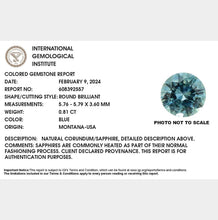 Load image into Gallery viewer, 0.81ct Blue Round Brilliant Montana Sapphire
