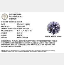 Load image into Gallery viewer, 0.79ct Purple Round Brilliant Montana Sapphire
