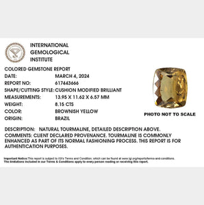 8.15ct Brownish Yellow Cushion Cut Yellow Brazil Tourmaline, IGI Certified