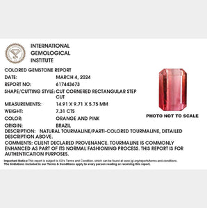 7.31ct Orange and Pink Emerald Cut Pink Brazil Tourmaline, IGI Certified