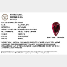 Load image into Gallery viewer, 10.07ct Purplish Pink Pear Shape Pink Brazil Tourmaline, IGI Certified
